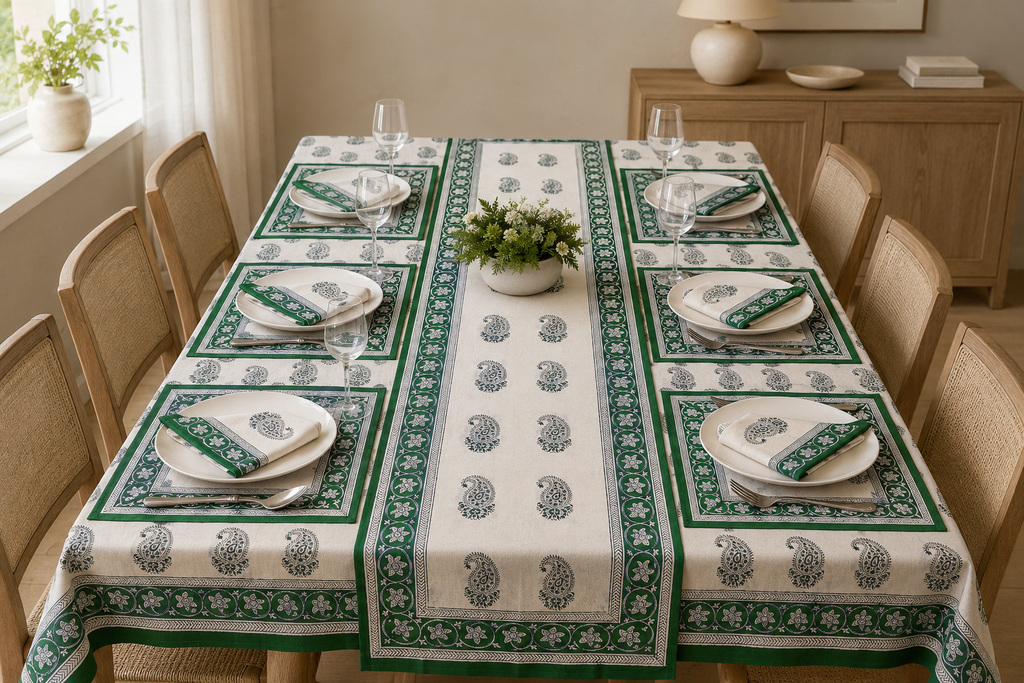Hand Block Printed Green & White Table Linen Set – Table Cover, Runner, Placemats & Napkins | Tablecloth