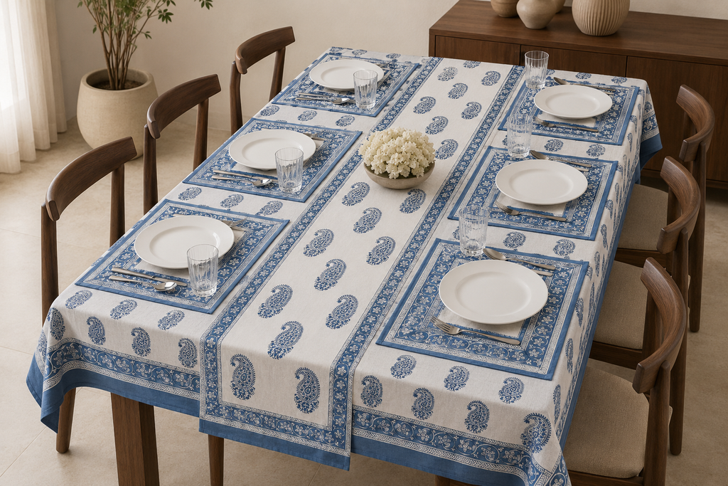 Hand Block Printed Blue & White Table Linen Set – Table Cover, Runner, Placemats & Napkins | Tablecloth