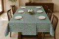 Hand Block Printed Green & Blue Table Linen Set – Table Cover, Runner, Placemats & Napkins | Tablecloth
