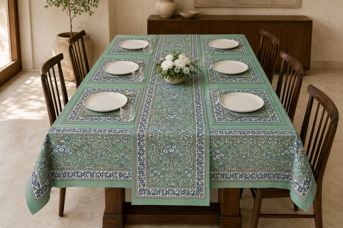 Hand Block Printed Green & Blue Table Linen Set – Table Cover, Runner, Placemats & Napkins | Tablecloth