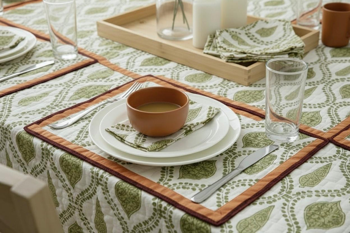 Hand Block Printed Green & White Table Linen Set – Table Cover, Runner, Placemats & Napkins | Tablecloth