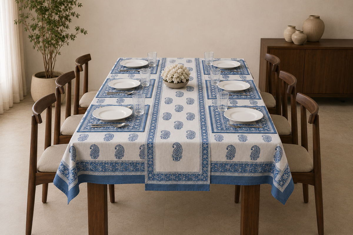 Hand Block Printed Blue & White Table Linen Set – Table Cover, Runner, Placemats & Napkins | Tablecloth