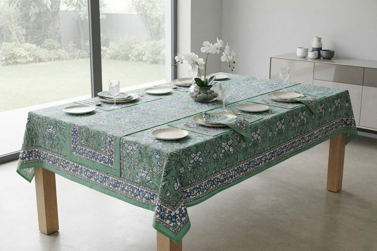 Hand Block Printed Green & Blue Table Linen Set – Table Cover, Runner, Placemats & Napkins | Tablecloth