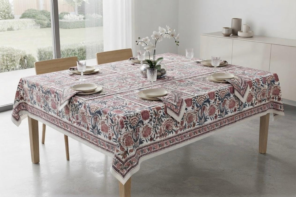 Hand Block Printed Pink & Red Table Linen Set – Table Cover, Runner, Placemats & Napkins | Tablecloth