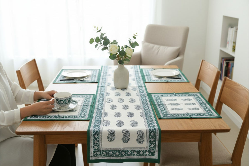 Hand Block Printed Green & White Table Linen Set – Table Cover, Runner, Placemats & Napkins | Tablecloth