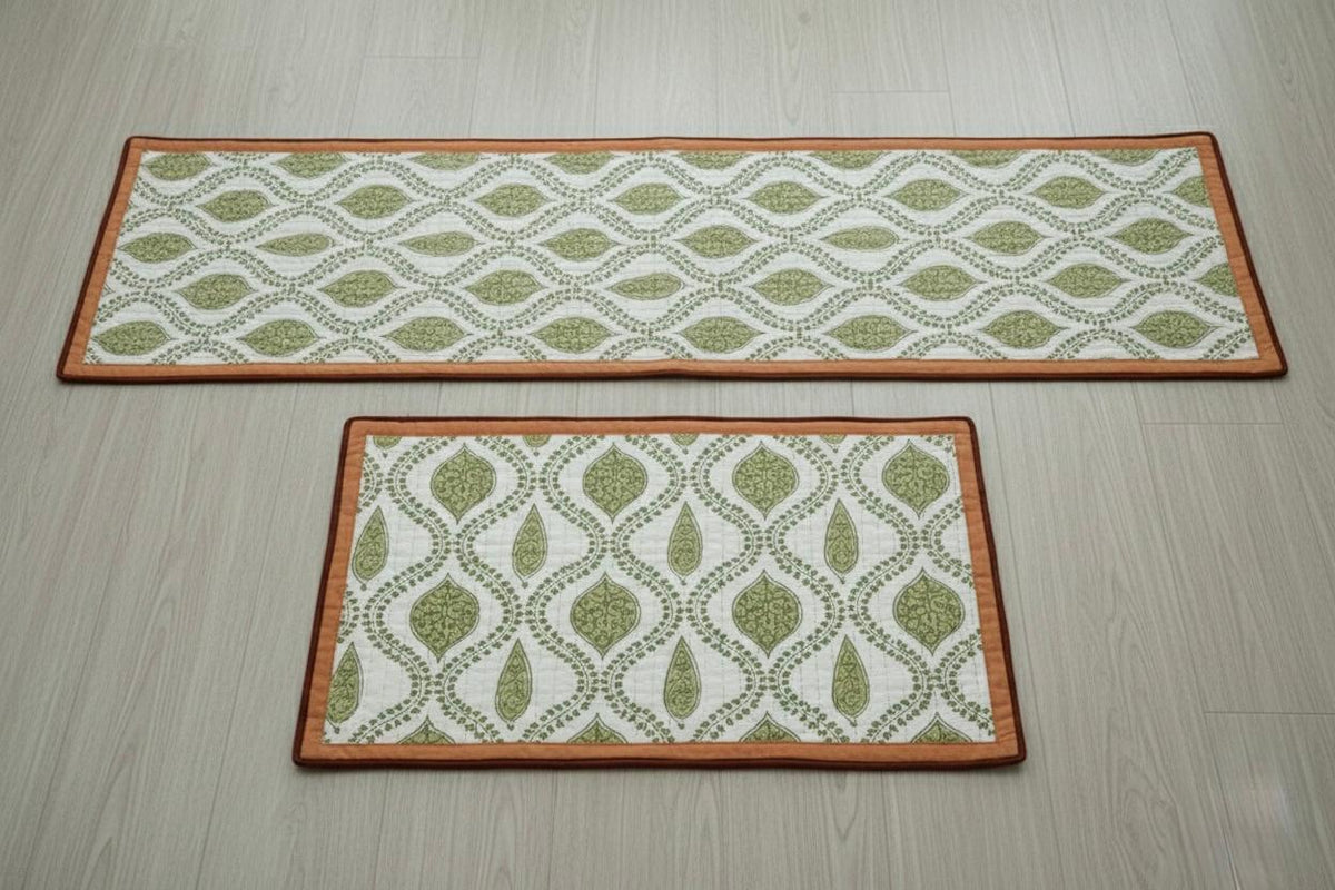 Hand Block Printed Green & White Table Linen Set – Table Cover, Runner, Placemats & Napkins | Tablecloth
