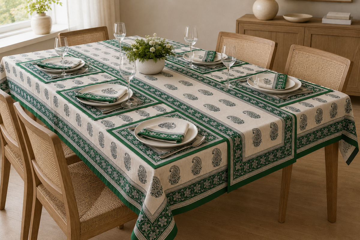 Hand Block Printed Green & White Table Linen Set – Table Cover, Runner, Placemats & Napkins | Tablecloth