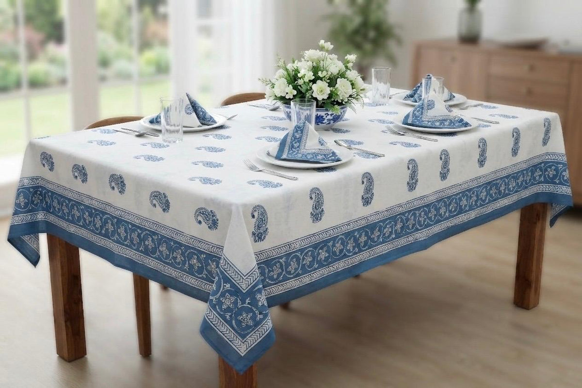 Hand Block Printed Blue & White Table Linen Set – Table Cover, Runner, Placemats & Napkins | Tablecloth