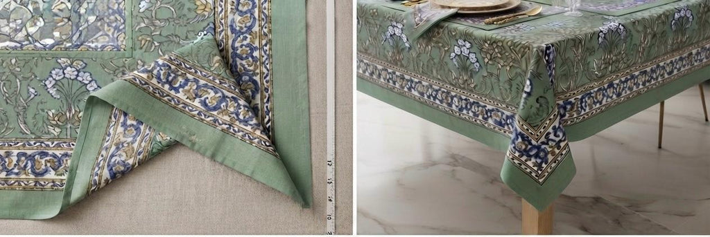 Hand Block Printed Green & Blue Table Linen Set – Table Cover, Runner, Placemats & Napkins | Tablecloth