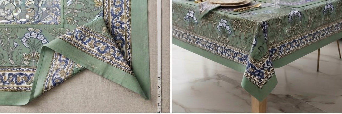 Hand Block Printed Green & Blue Table Linen Set – Table Cover, Runner, Placemats & Napkins | Tablecloth