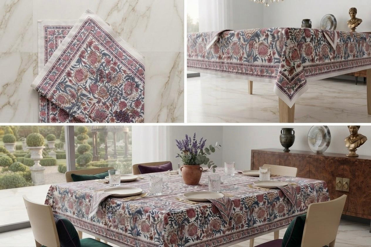 Hand Block Printed Pink & Red Table Linen Set – Table Cover, Runner, Placemats & Napkins | Tablecloth