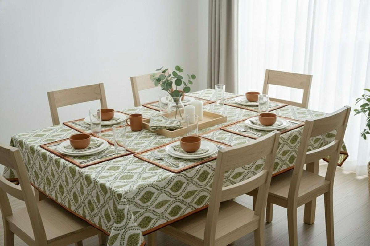 Hand Block Printed Green & White Table Linen Set – Table Cover, Runner, Placemats & Napkins | Tablecloth