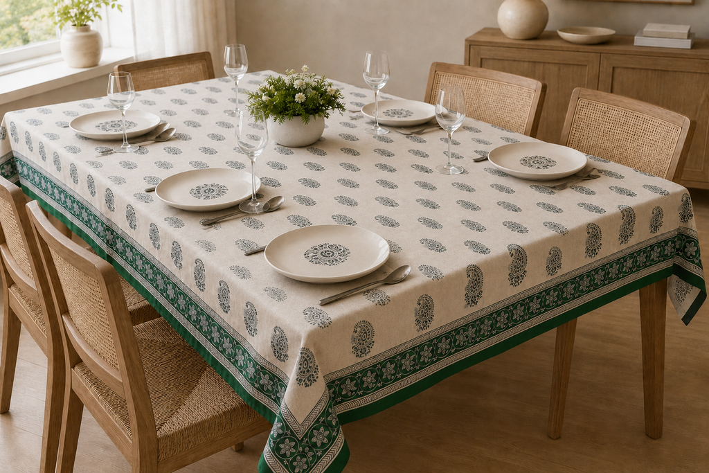 Hand Block Printed Green & White Table Linen Set – Table Cover, Runner, Placemats & Napkins | Tablecloth