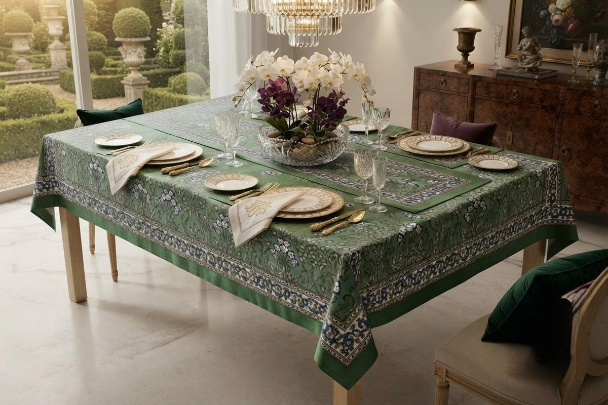 Hand Block Printed Green & Blue Table Linen Set – Table Cover, Runner, Placemats & Napkins | Tablecloth