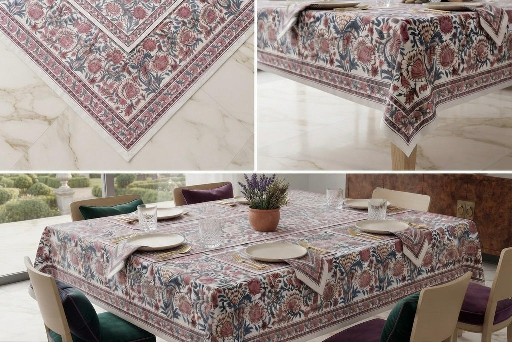 Hand Block Printed Pink & Red Table Linen Set – Table Cover, Runner, Placemats & Napkins | Tablecloth