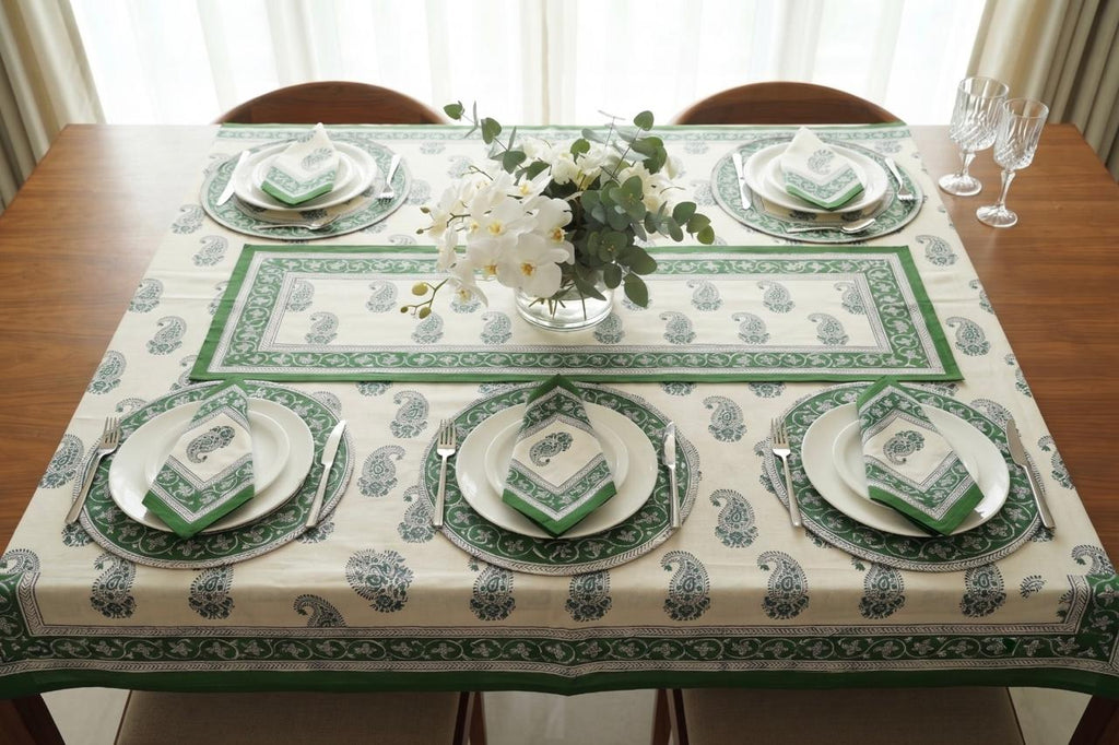 Hand Block Printed Green & White Table Linen Set – Table Cover, Runner, Placemats & Napkins | Tablecloth