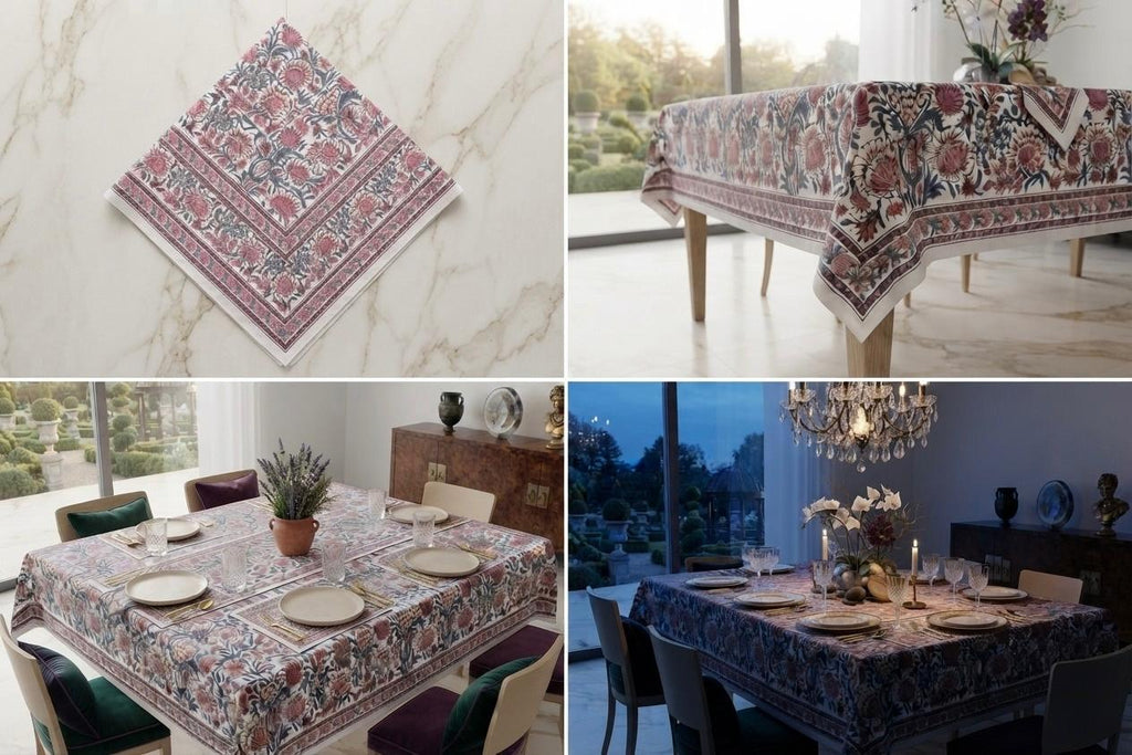 Hand Block Printed Pink & Red Table Linen Set – Table Cover, Runner, Placemats & Napkins | Tablecloth