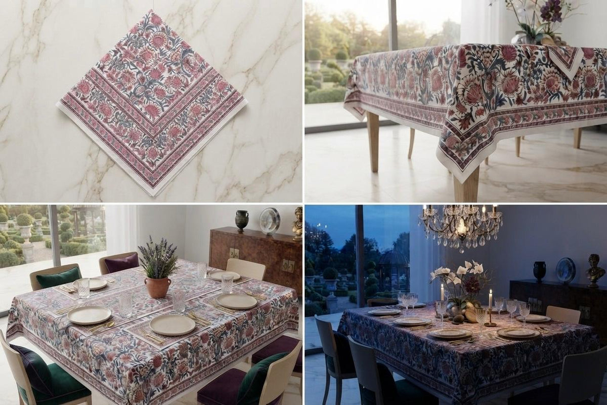 Hand Block Printed Pink & Red Table Linen Set – Table Cover, Runner, Placemats & Napkins | Tablecloth
