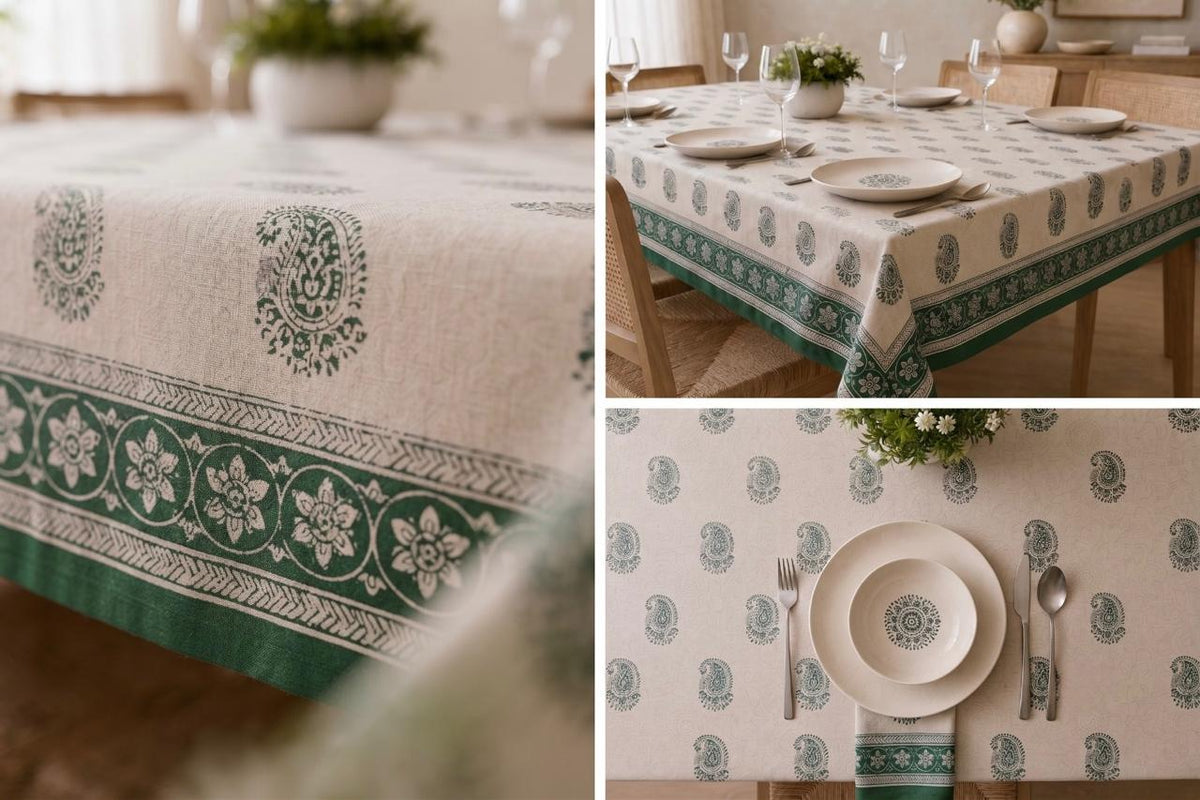 Hand Block Printed Green & White Table Linen Set – Table Cover, Runner, Placemats & Napkins | Tablecloth