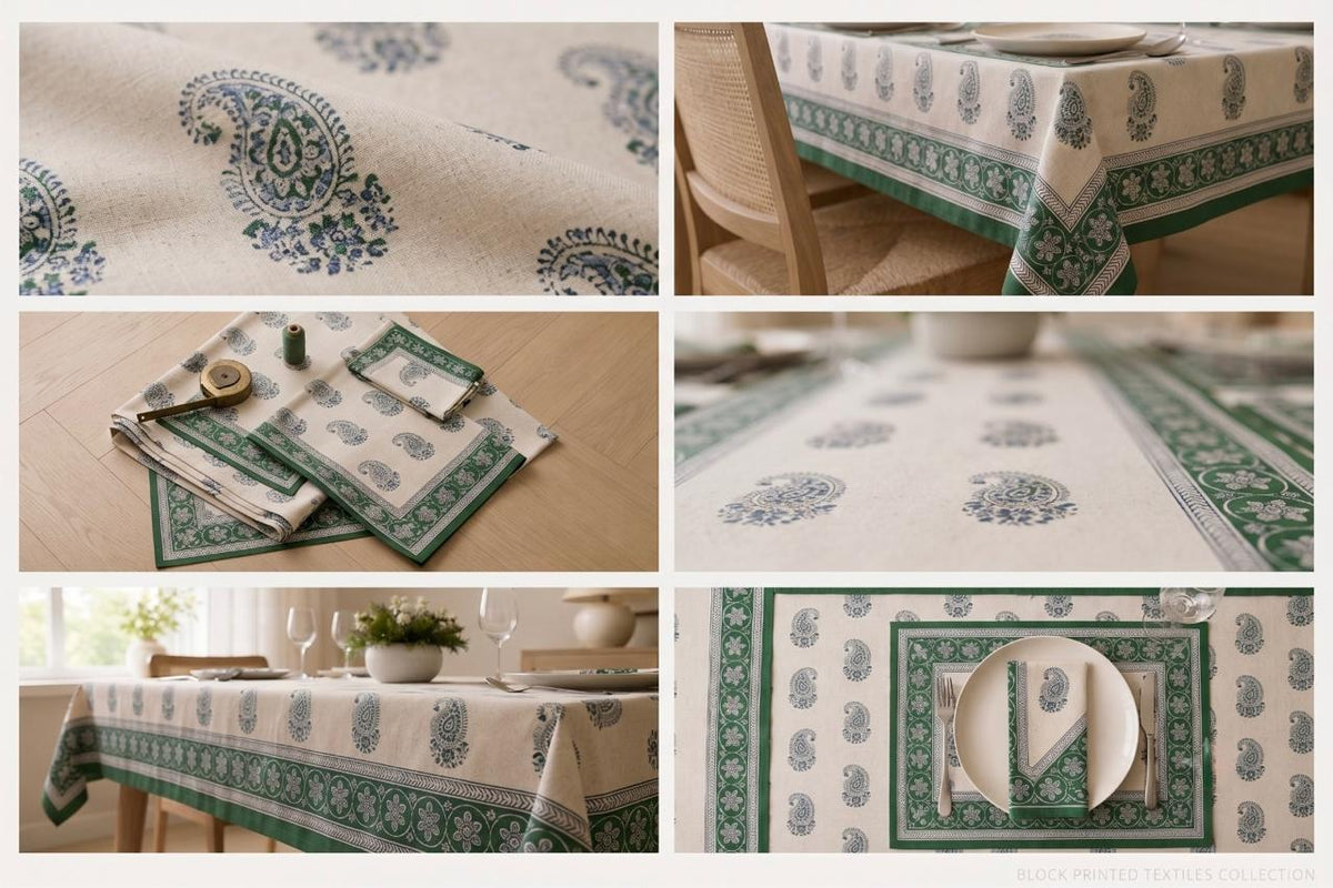 Hand Block Printed Green & White Table Linen Set – Table Cover, Runner, Placemats & Napkins | Tablecloth