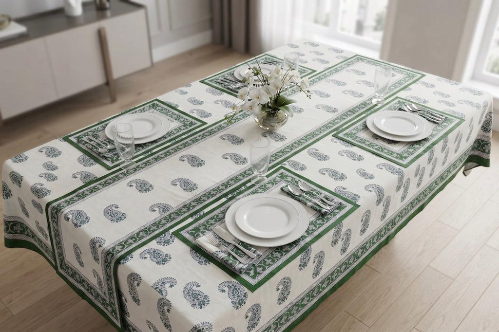 Hand Block Printed Green & White Table Linen Set – Table Cover, Runner, Placemats & Napkins | Tablecloth