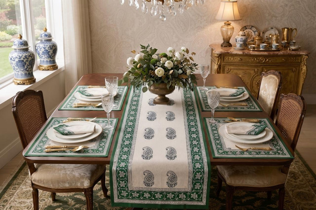 Hand Block Printed Green & White Table Linen Set – Table Cover, Runner, Placemats & Napkins | Tablecloth