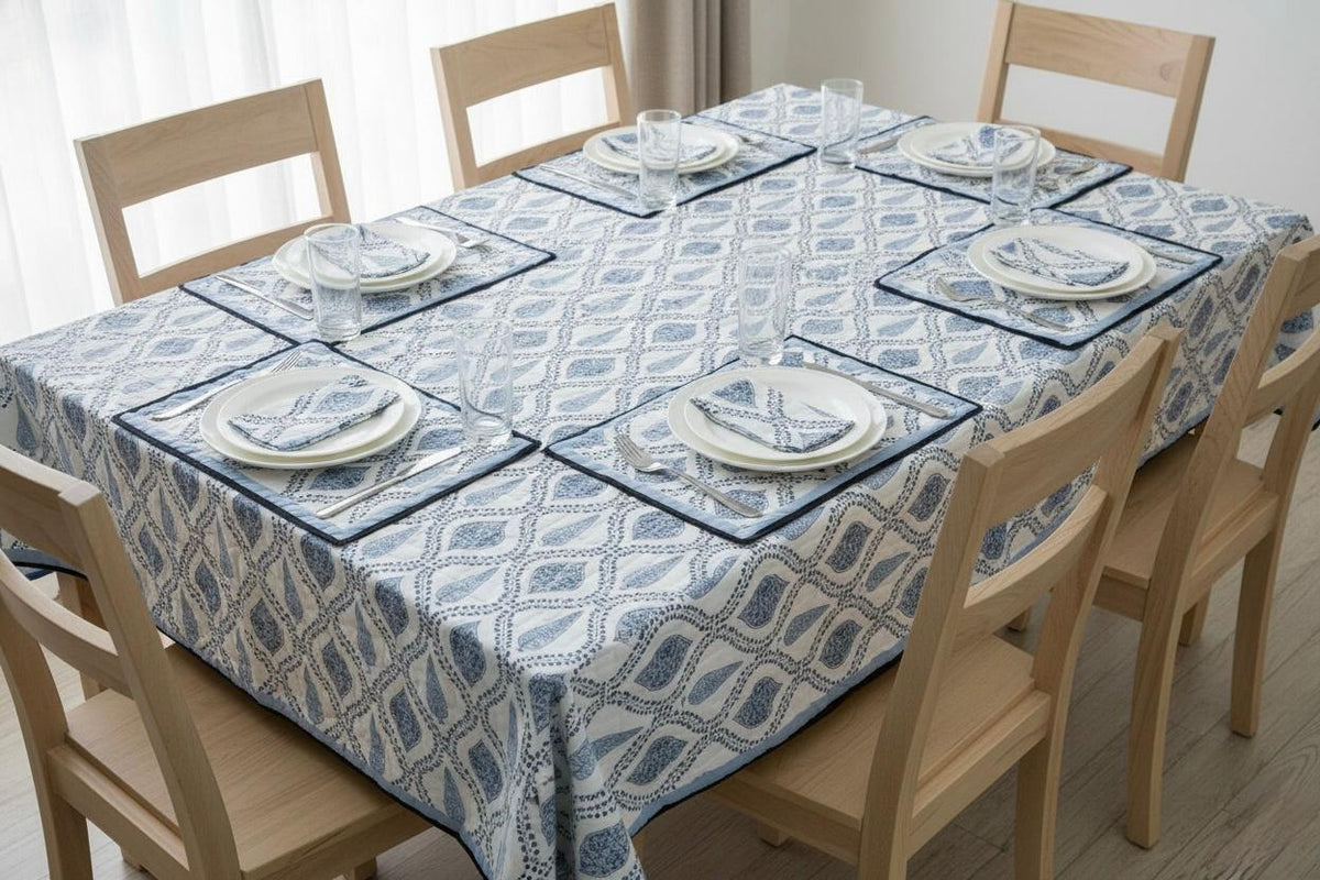 Hand Block Printed Blue & White Table Linen Set – Table Cover, Runner, Placemats & Napkins | Tablecloth