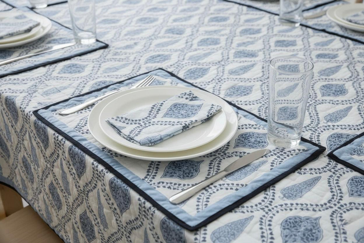 Hand Block Printed Blue & White Table Linen Set – Table Cover, Runner, Placemats & Napkins | Tablecloth
