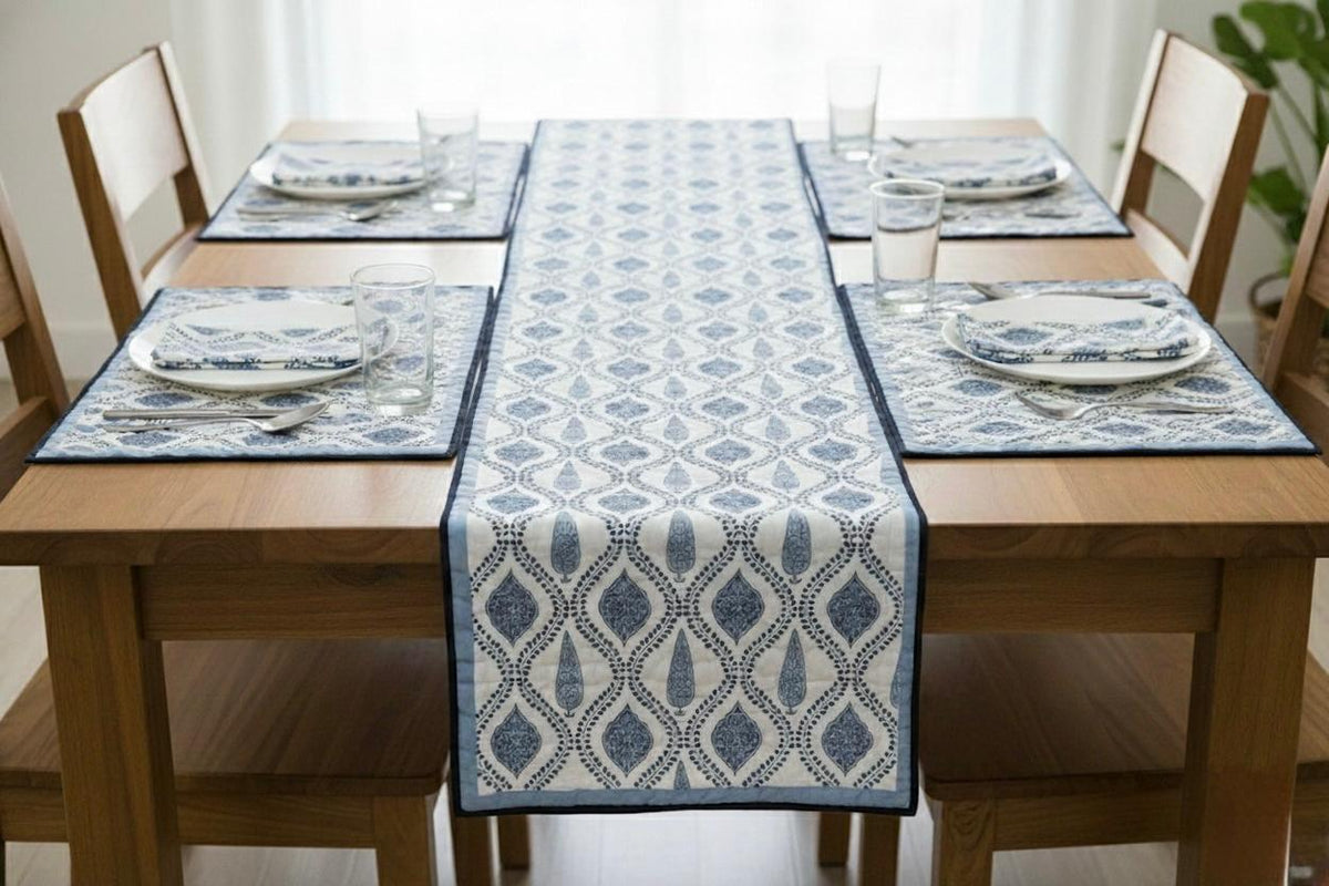 Hand Block Printed Blue & White Table Linen Set – Table Cover, Runner, Placemats & Napkins | Tablecloth