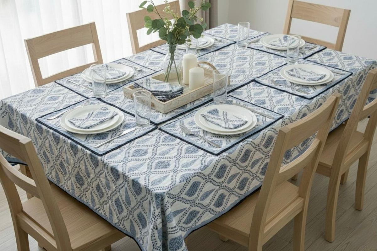 Hand Block Printed Blue & White Table Linen Set – Table Cover, Runner, Placemats & Napkins | Tablecloth