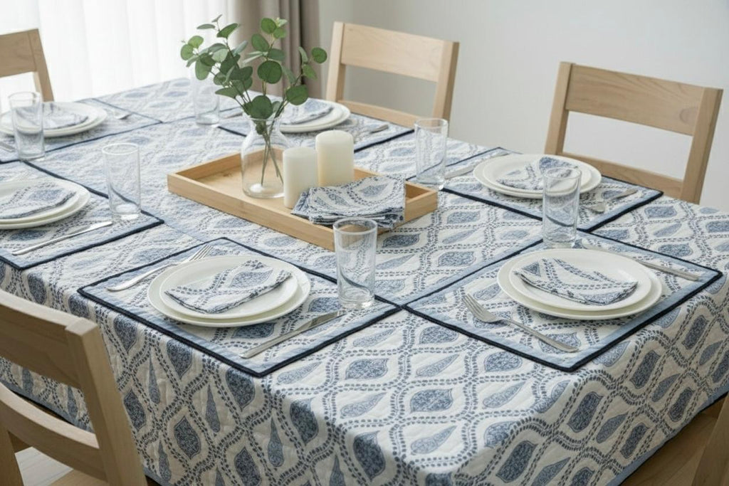 Hand Block Printed Blue & White Table Linen Set – Table Cover, Runner, Placemats & Napkins | Tablecloth