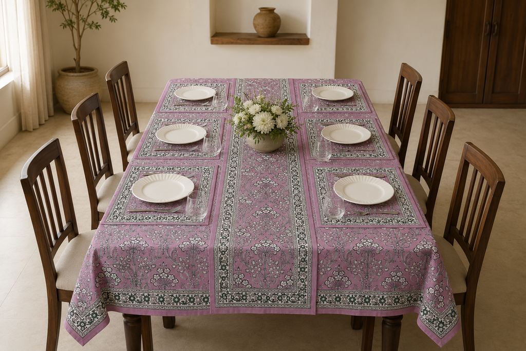Hand Block Printed Pink & Green Table Linen Set – Table Cover, Runner, Placemats & Napkins | Tablecloth