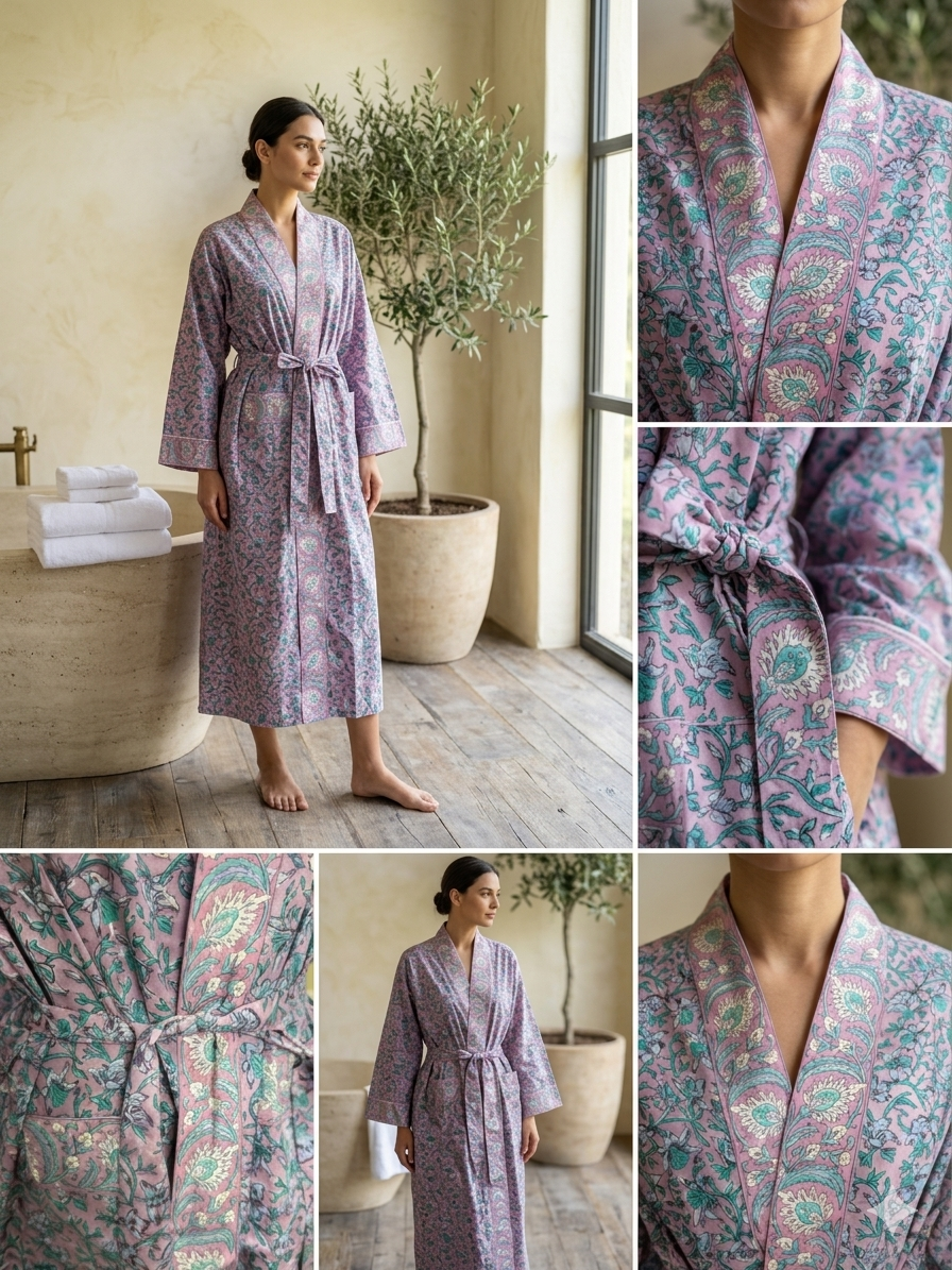 Organic Cotton Bathrobe, Hand Block Printed Floral Kimono Robe, Artisan Terry Cotton Loungewear, Sustainable Boho Spa Robe