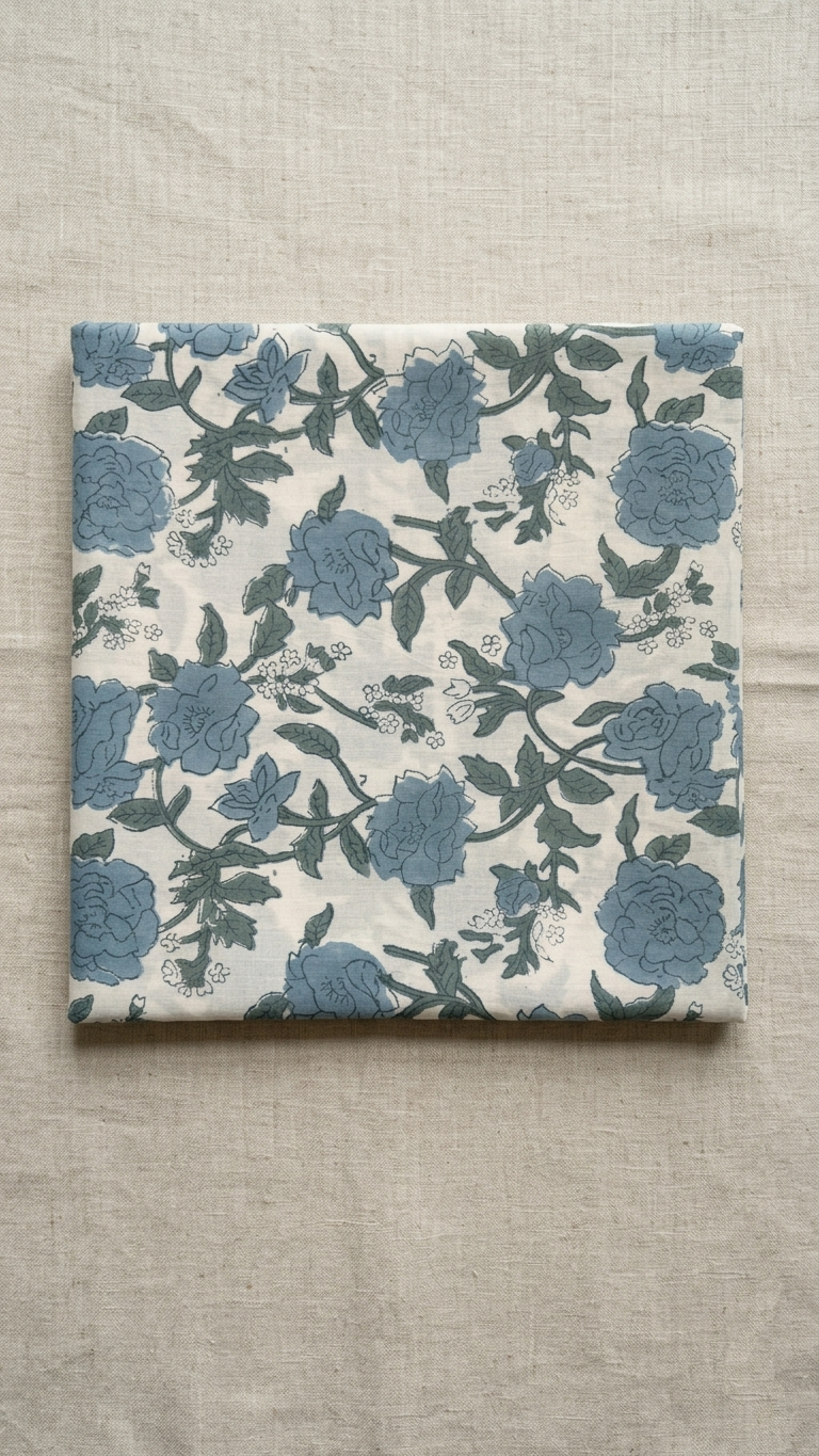 Hand Block Print Cotton Fabric: Blue and White Floral Indian Fabric