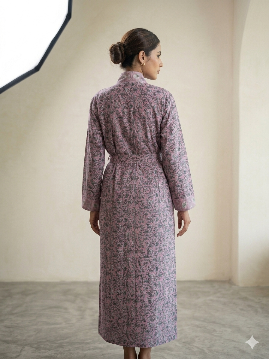 Organic Cotton Bathrobe, Hand Block Printed Floral Kimono Robe, Artisan Terry Cotton Loungewear, Sustainable Boho Spa Robe