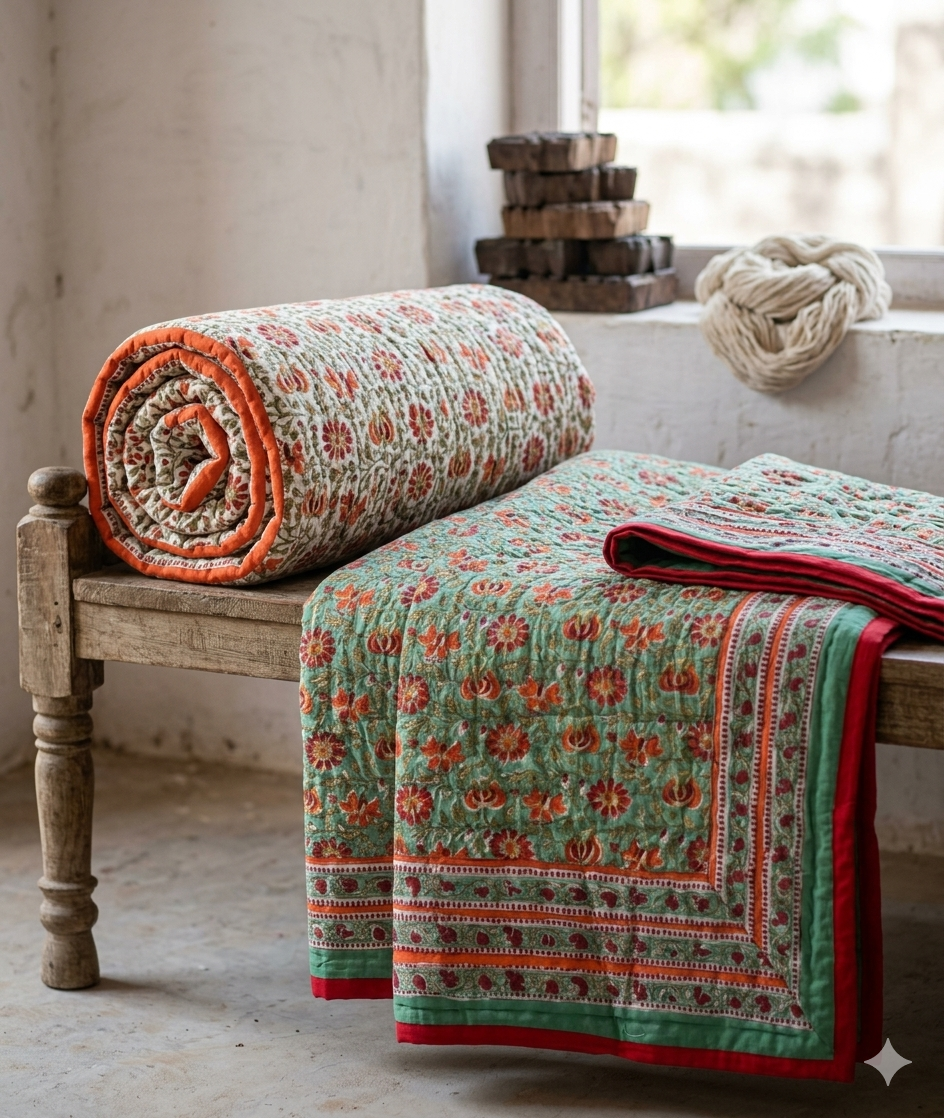 Traditional Jaipur Cotton Quilt | Green & Red Block Print