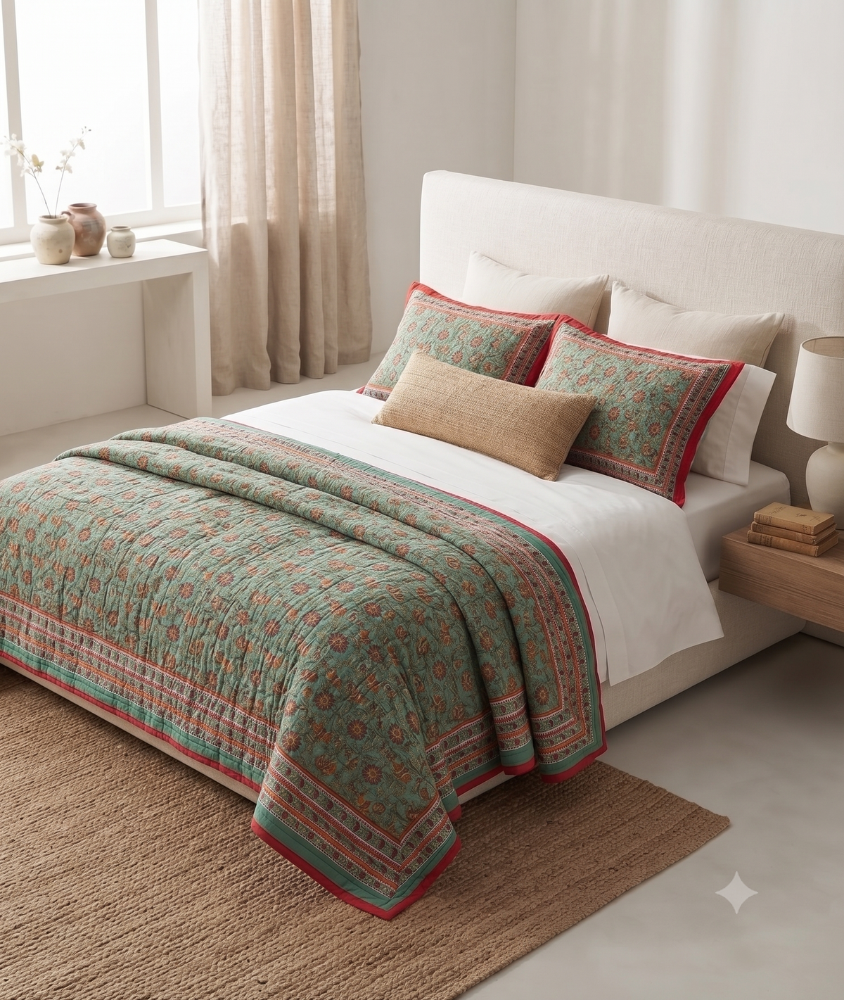 Traditional Jaipur Cotton Quilt | Green & Red Block Print