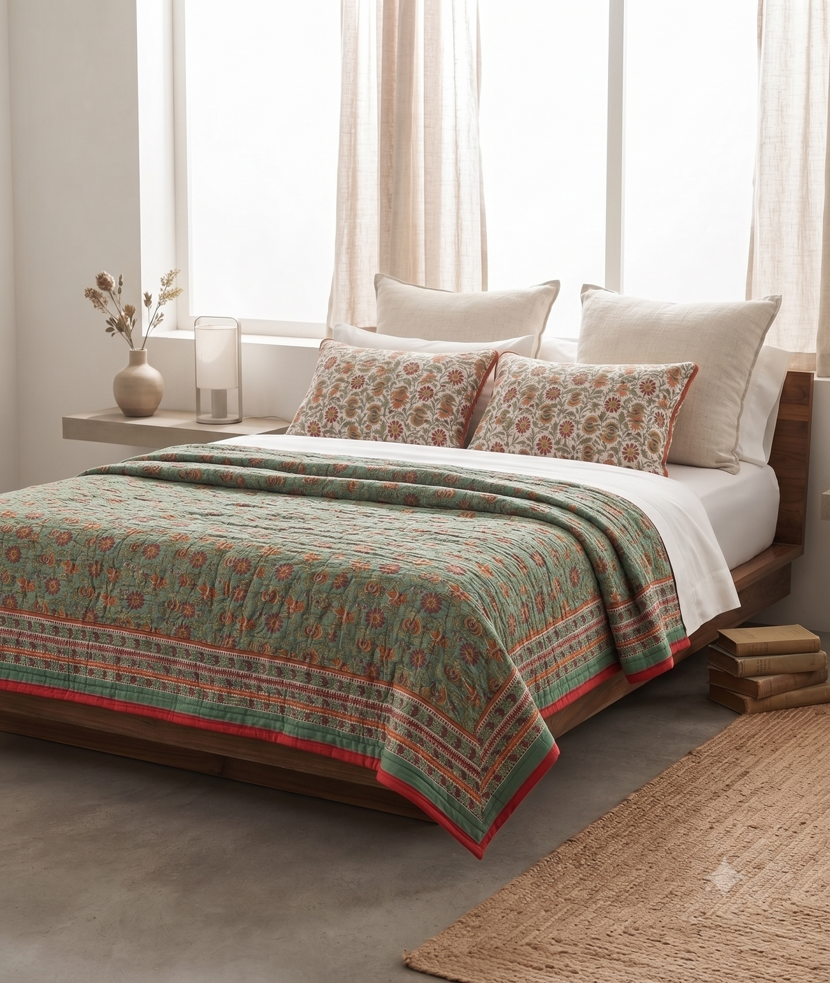 Traditional Jaipur Cotton Quilt | Green & Red Block Print