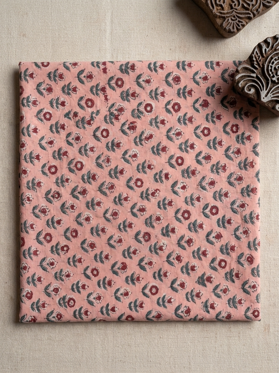 Hand Block Print Cotton Fabric: Peach and Red Floral Indian Fabric