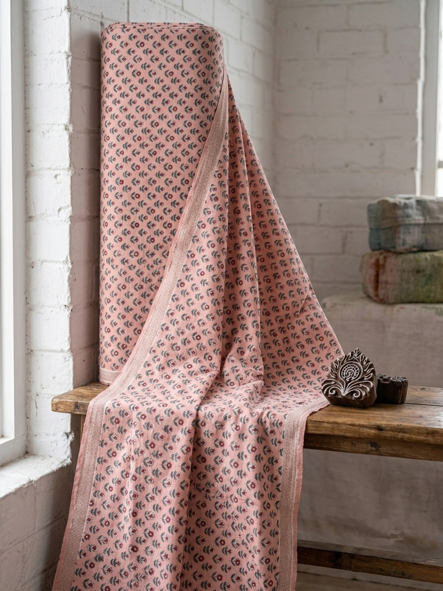Hand Block Print Cotton Fabric: Peach and Red Floral Indian Fabric