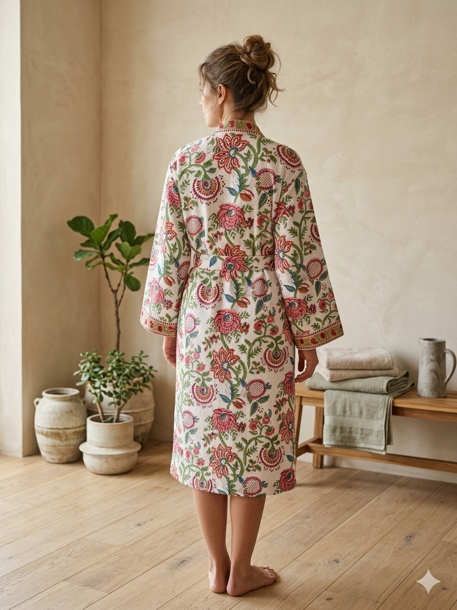 Organic Cotton Bathrobe, Hand Block Printed Floral Kimono Robe, Artisan Terry Cotton Loungewear, Sustainable Boho Spa Robe