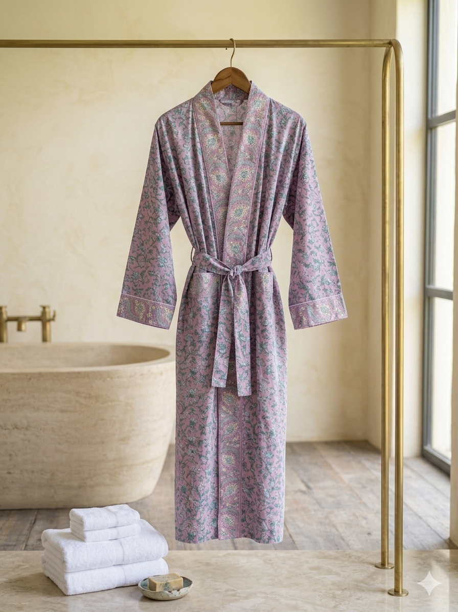 Organic Cotton Bathrobe, Hand Block Printed Floral Kimono Robe, Artisan Terry Cotton Loungewear, Sustainable Boho Spa Robe