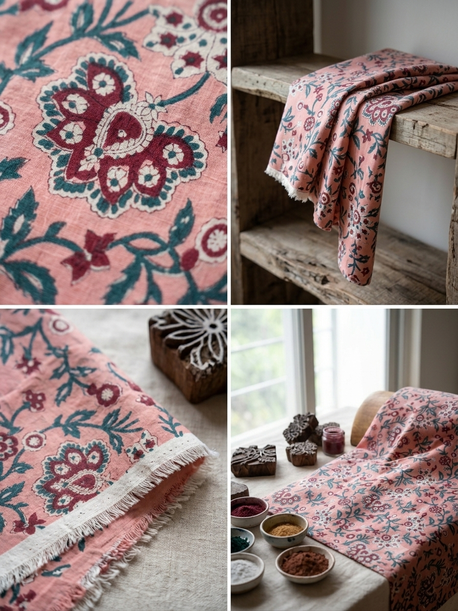 Hand Block Print Cotton Fabric: Peach and Red Floral Indian Fabric