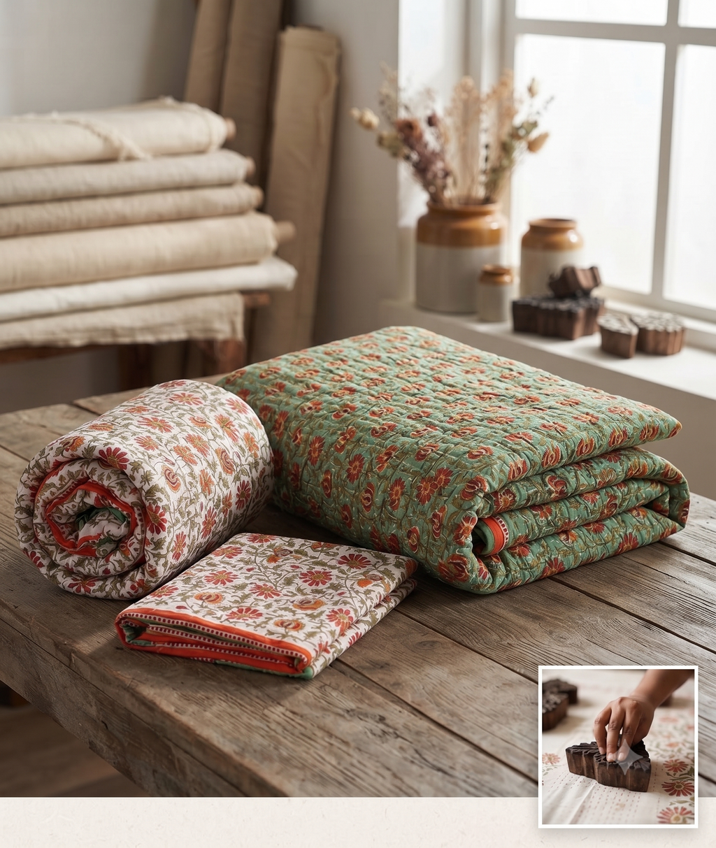 Traditional Jaipur Cotton Quilt | Green & Red Block Print