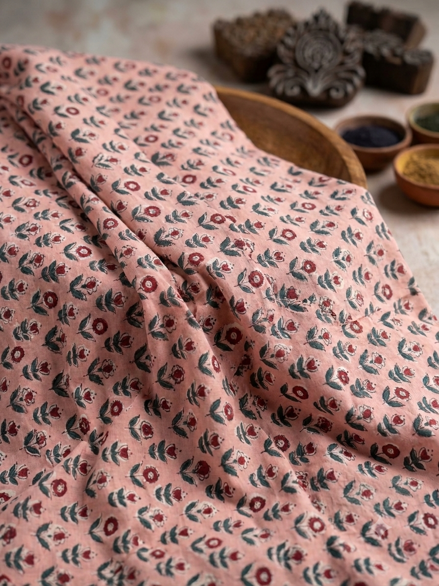 Hand Block Print Cotton Fabric: Peach and Red Floral Indian Fabric