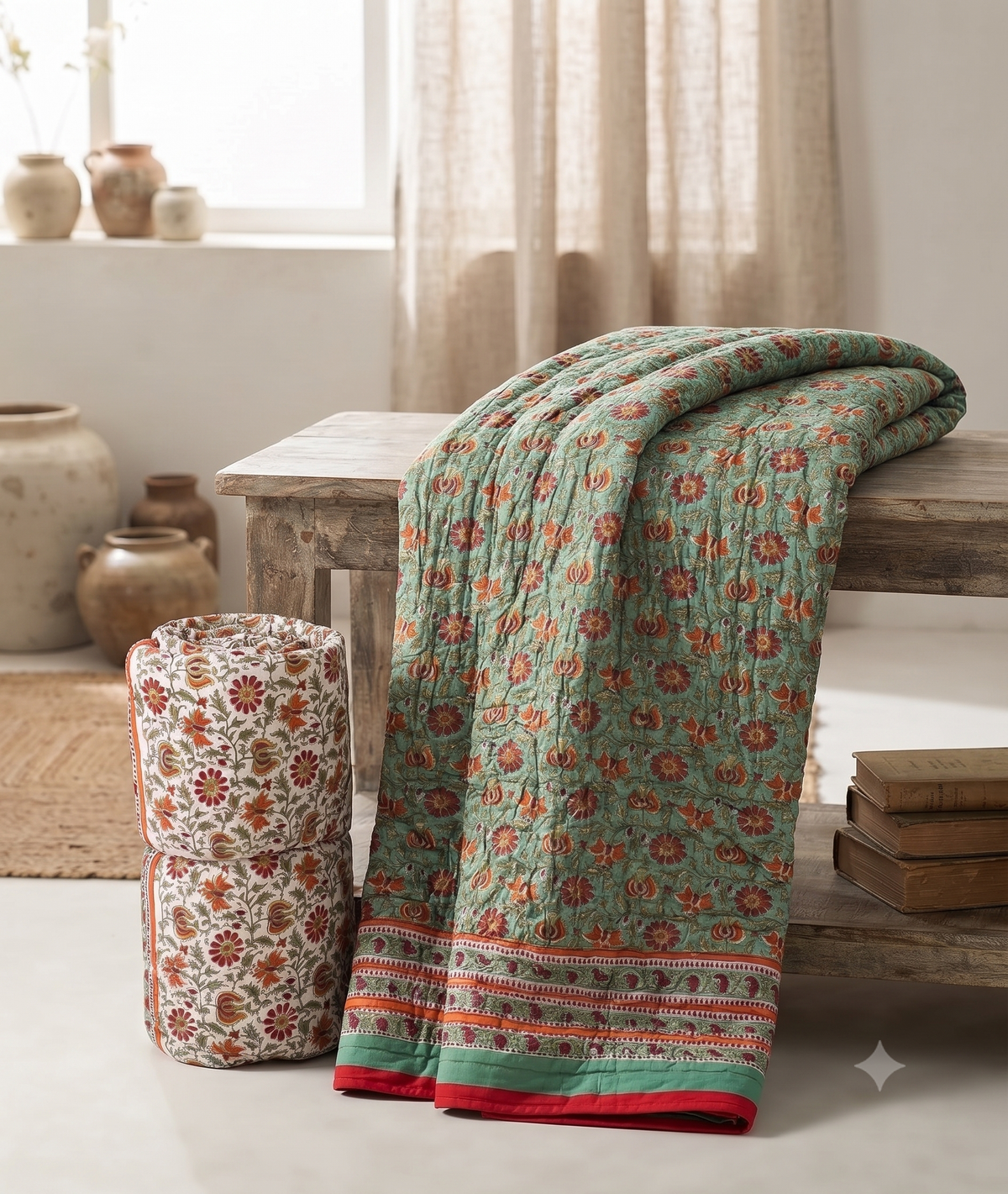 Traditional Jaipur Cotton Quilt | Green & Red Block Print