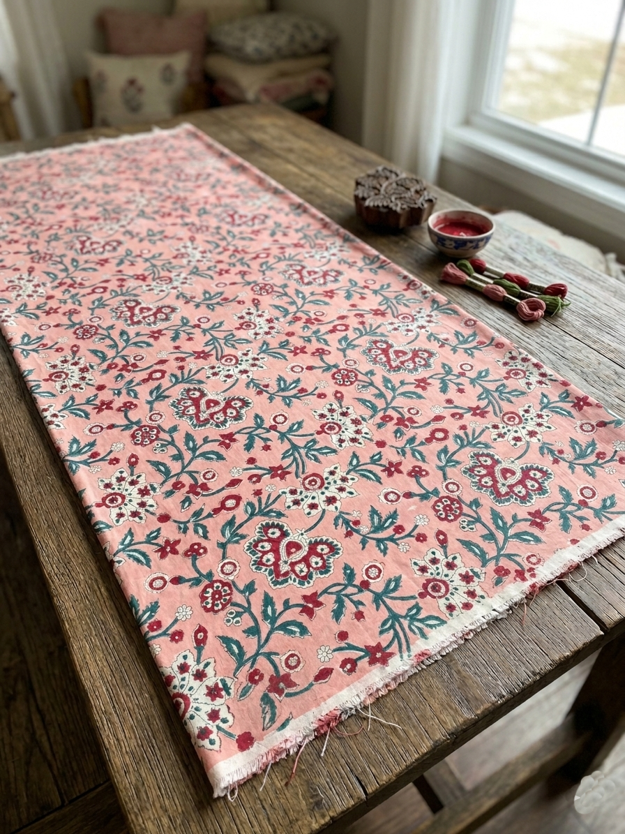 Hand Block Print Cotton Fabric: Peach and Red Floral Indian Fabric