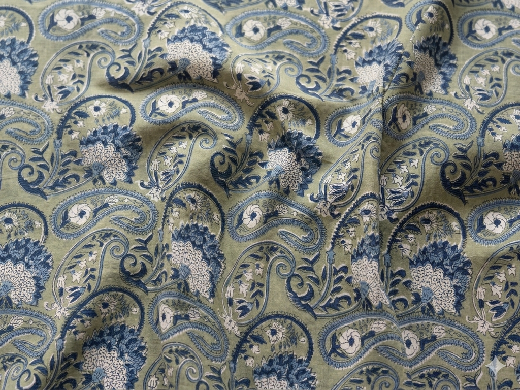 Hand Block Print Cotton Fabric: Green and Blue Floral Indian Fabric