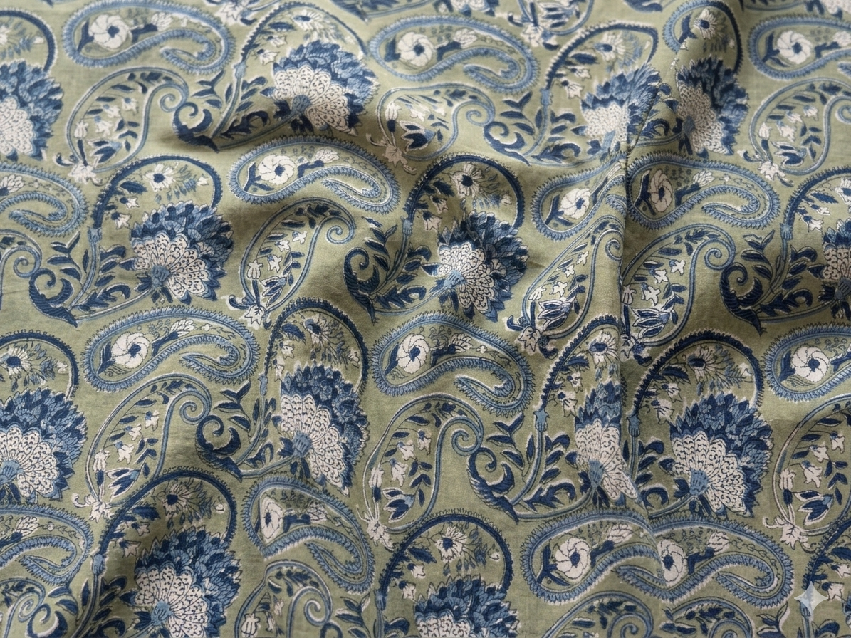 Hand Block Print Cotton Fabric: Green and Blue Floral Indian Fabric