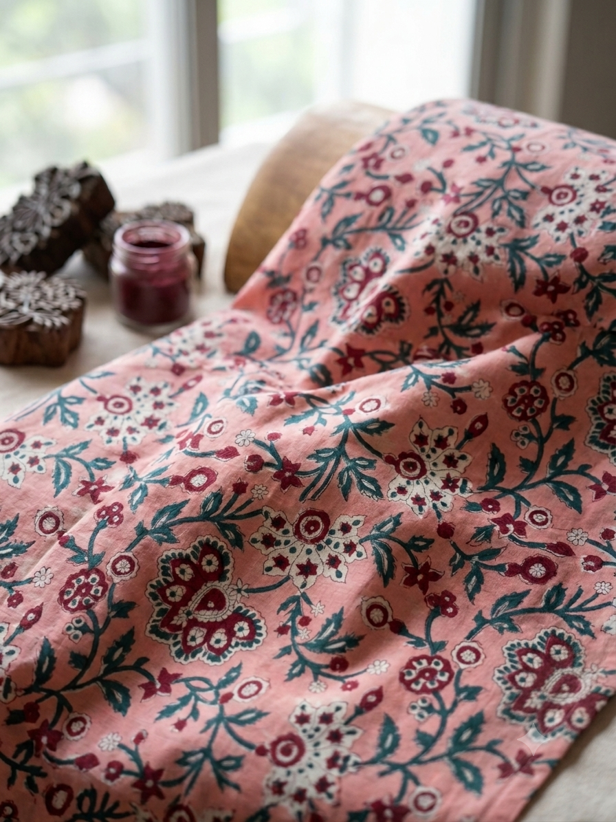 Hand Block Print Cotton Fabric: Peach and Red Floral Indian Fabric